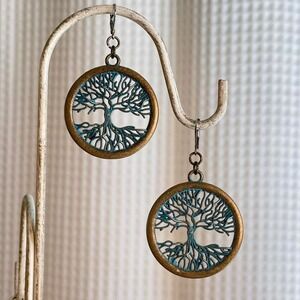 Tree of Life Bronze & Teal Dangle Surgical Steel Lever Back Earrings‎ Bohemian